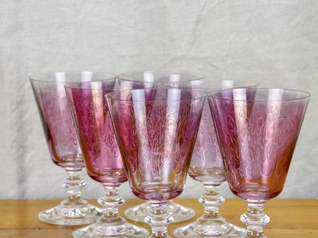 Set of six vintage engraved wine glasses - purple For Sale