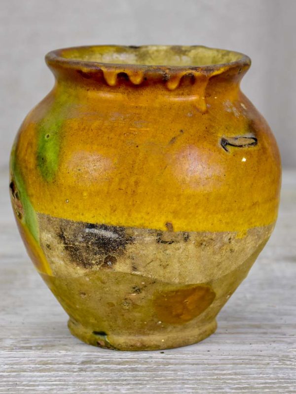 Small antique French confit pot with yellow and green glaze 6¼  Online Sale