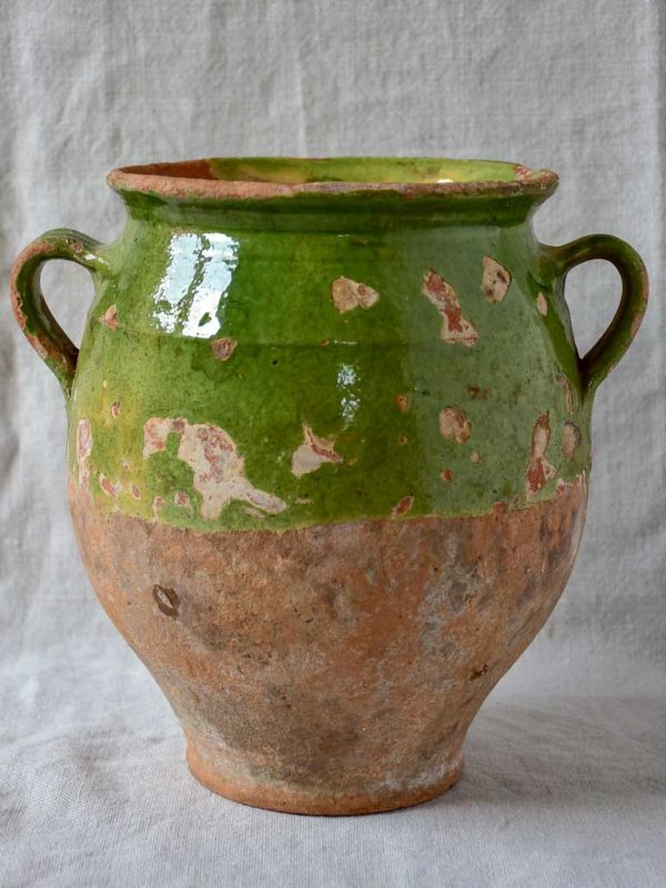 Antique French confit pot with green glaze 10¼  on Sale