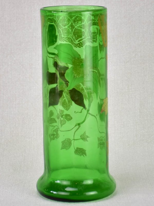 Early twentieth century hand painted green glass vase 10¼  on Sale