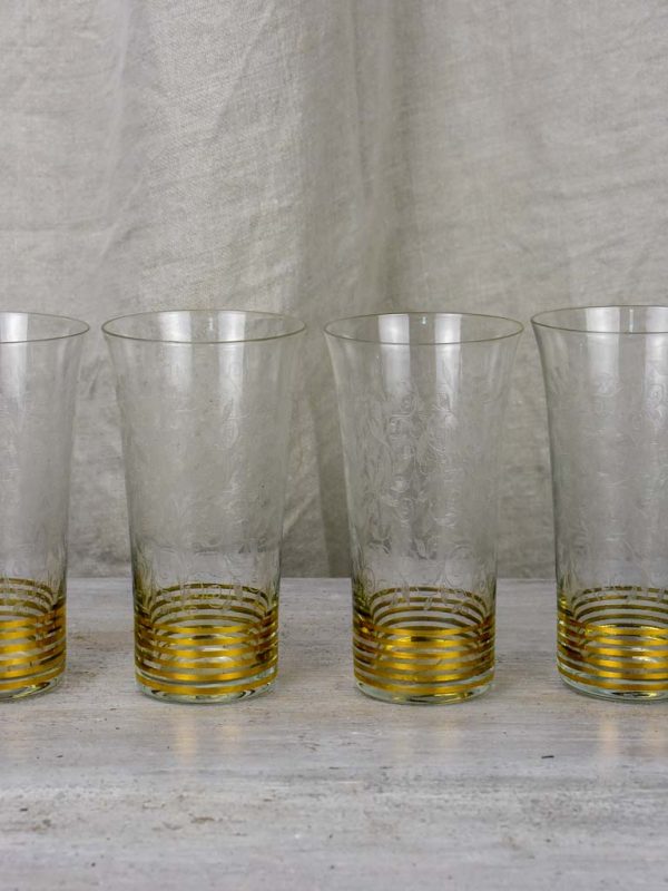 6 engraved antique orangeade glasses with gold stripes Cheap