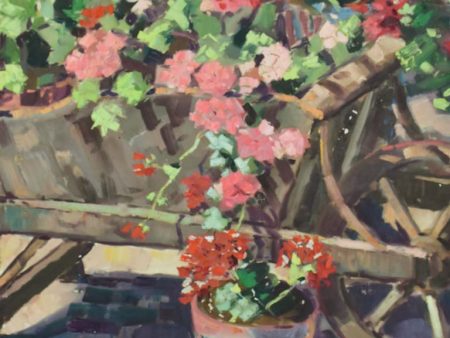 Very large vintage still life painting - Geraniums in a wheelbarrow - unknown artist 51¼  x 38¼  For Cheap