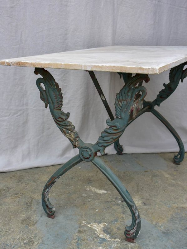 Rectangular antique French garden table with cast iron swan base and marble top 43¼  x 24½  For Sale