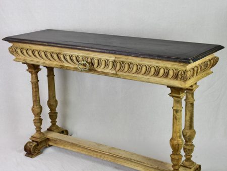 Narrow antique French console table - bleached walnut base and black painted top 15¾  x 47¼  Discount