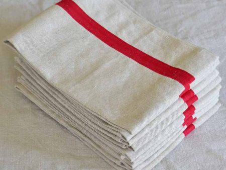 Set of nine antique French tea towels with 1  red stripes Cheap