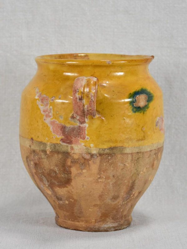 Small antique French confit pot with yellow glaze and green spot 7½  Online now