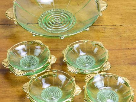 Art Deco Fruit salad serving bowl with eight dishes - green and gold glass Online Hot Sale