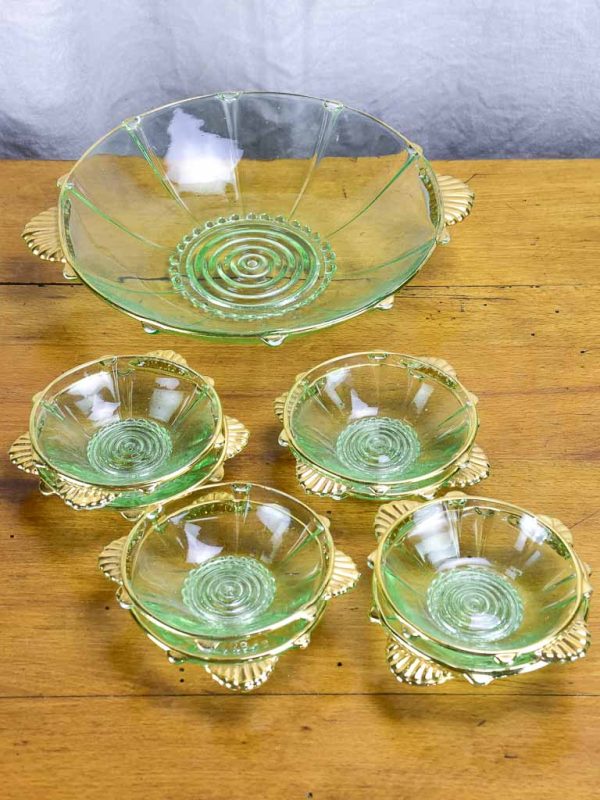 Art Deco Fruit salad serving bowl with eight dishes - green and gold glass Online Hot Sale