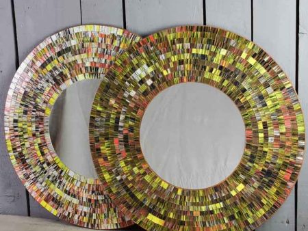 Pair of round vintage mirrors with colorful mosaic frames 23¾  Sale