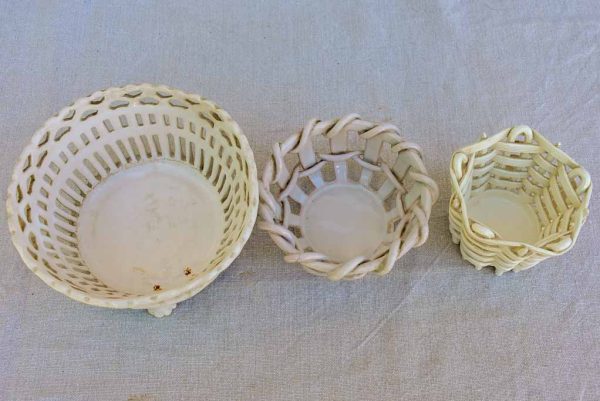 Collection of three antique French faience basket bowls on Sale