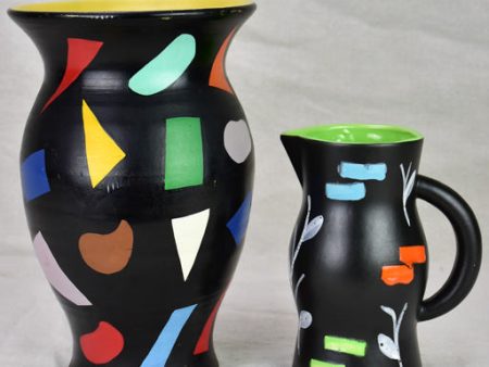 Vintage pitcher and vase painted black with bright colored shapes 11¾  For Cheap