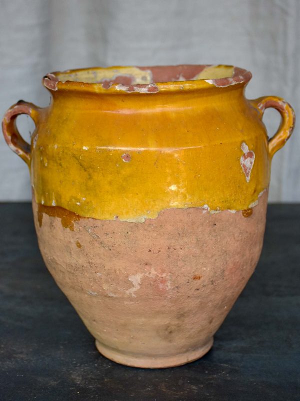 19th Century French confit pot with half yellow glaze 9 ¼   Discount