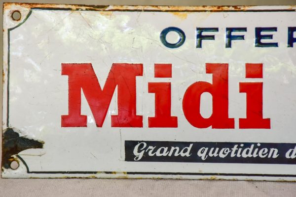 1930 s French enamel sign - Midi Libre newspaper 13¾  x 4  For Sale