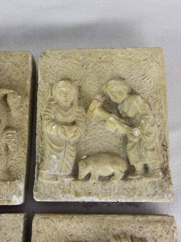 Four antique French carved stone sculptures decorated with country scenes 9½  x 8  Online Hot Sale