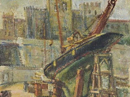 Late 19th century French oil on canvas - boat in a port 13  x 18  Sale