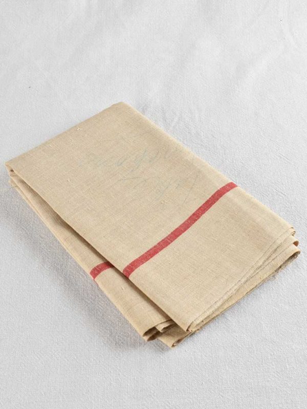 Large antique French linen fabric with red stripe - never used 23¾  x 115  Supply