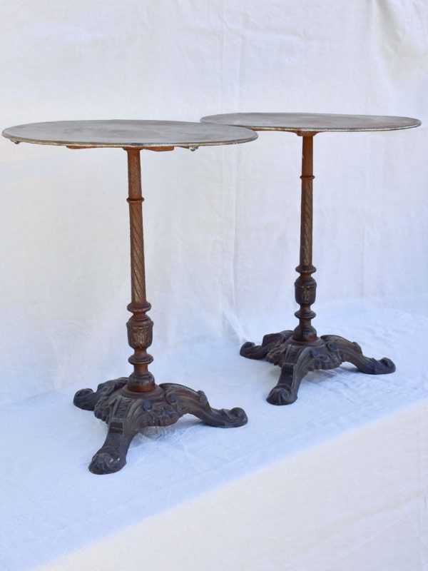 Pair of antique French garden tables with cast iron base Online