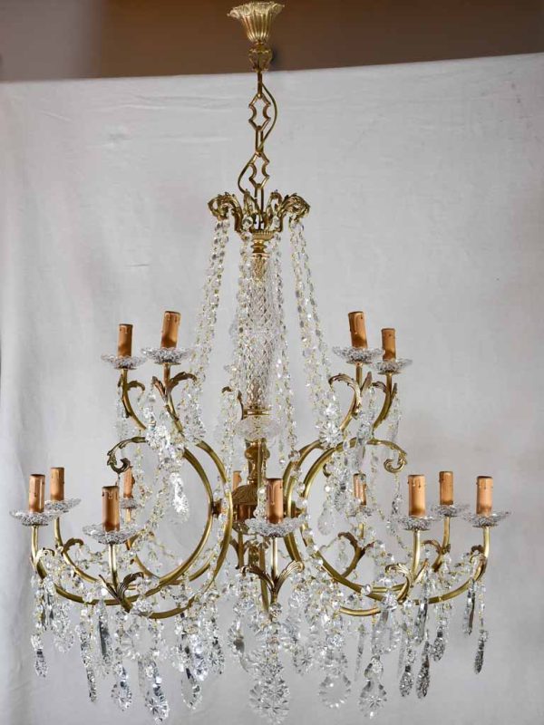 Pair of large crystal and brass chandeliers with 15 lights from the 1940 s 35½  diameter Online Sale