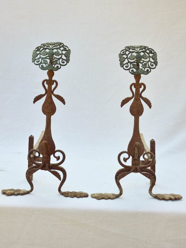 Pair of eighteenth-century French firedogs with oak leaves and floral motifs Supply