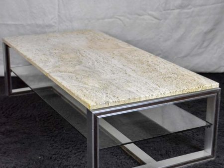 1970 s travertine, glass, chrome coffee table - Michel Ducaroy Discount