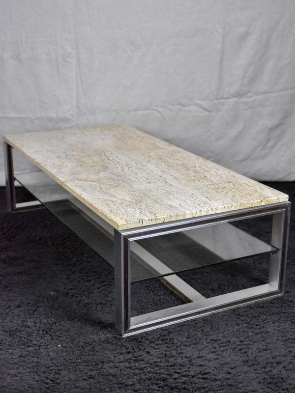 1970 s travertine, glass, chrome coffee table - Michel Ducaroy Discount