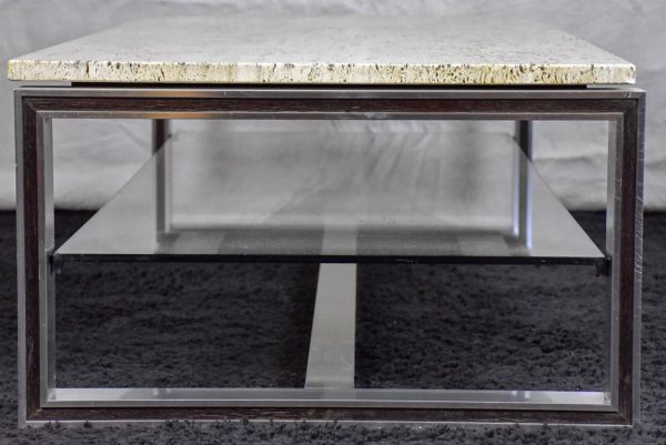 1970 s travertine, glass, chrome coffee table - Michel Ducaroy Discount