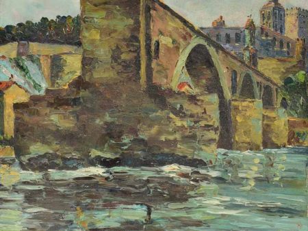 Antique French painting of the Pont d Avignon - acrylic on canvas 15  x 21¾  Hot on Sale