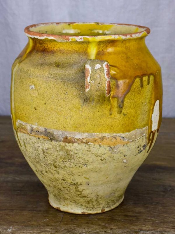 Antique French confit pot with yellow and green glaze 10¾  Online now