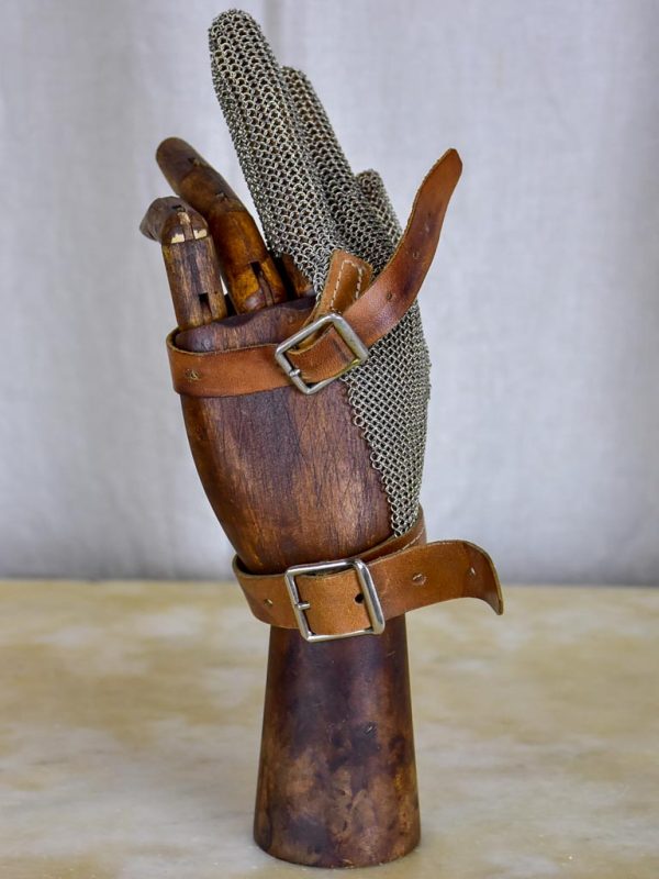 Mid-century wooden articulated hand with metal mesh glove For Cheap