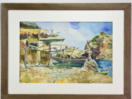 Mid century watercolor coastal scene - Auguste GINAC (1927-1982) - 22½  x 30  Online Sale