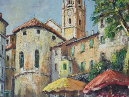 Mid century French painting of L Isle-sur-la-Sorgue flower market 18  x 21¾  Hot on Sale