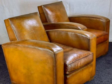 Pair of Art Deco square back French leather club chairs Supply