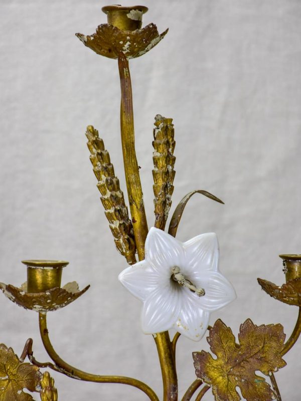 19th Century French church candelabra with flowers, foliage and wheat - bronze, brass and opaline glass 29¼  Online