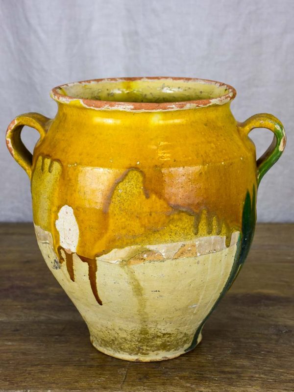 Antique French confit pot with yellow and green glaze 10¾  Online now