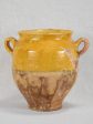 Small antique French confit pot with yellow glaze and green spot 7½  Online now