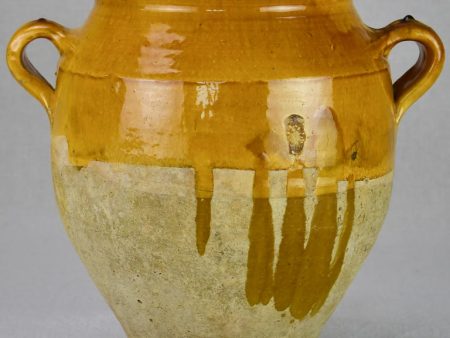 Large antique French confit pot with yellow   orange glaze 11¾  For Sale