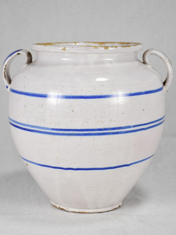 Antique French confit pot from Sète - white with blue stripes 9½  For Cheap