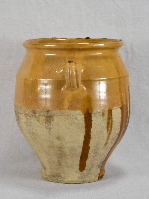 Antique French confit pot with yellow and brown glaze 10¼  Online Sale