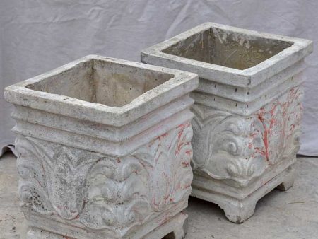 Pair of square concrete planters with white, grey and red patina 21¼  Fashion