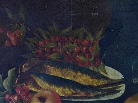 Antique French still life - fish, cherries and radish 21 ¾ x 18   Discount