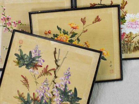 Four 19th Century Japanese floral paintings on silk 15¼  x 13½  Online Hot Sale