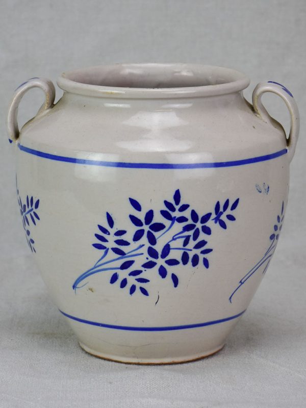 Antique French confit pot - white with blue flowers Online now