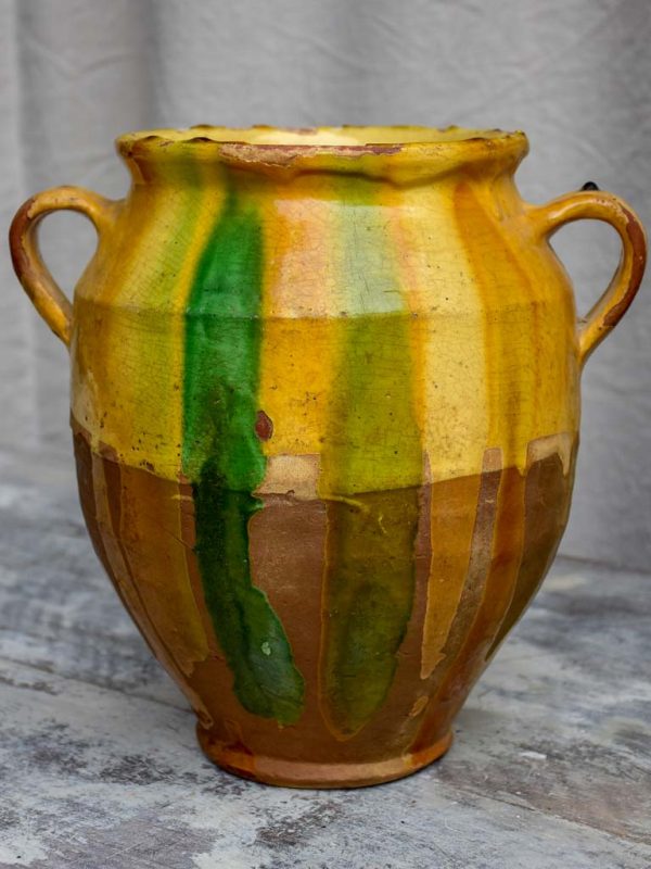 Antique French confit pot with yellow and green glaze 11  For Sale