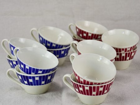 Set of 14 mid century coffee cups with blue and red pattern For Cheap