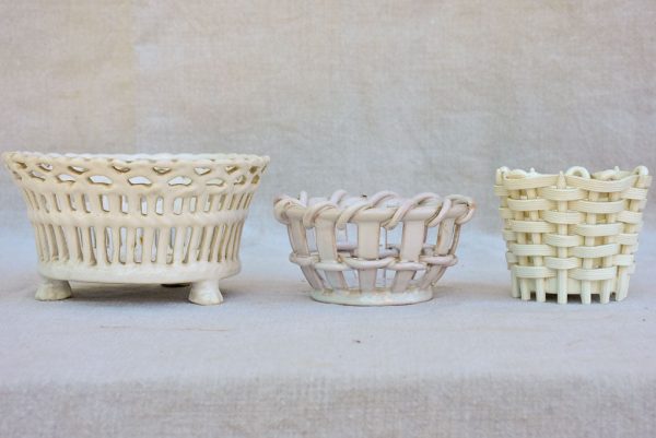 Collection of three antique French faience basket bowls on Sale