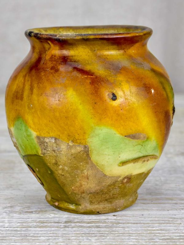 Small antique French confit pot with yellow and green glaze 6¼  Online Sale