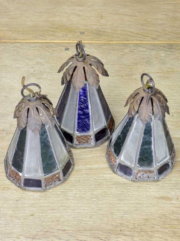 Three small antique lead light suspension lights - Tiffany style 6¼  For Sale