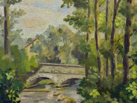 Antique French painting - bridge, river and trees 16½  x 13¾  For Discount