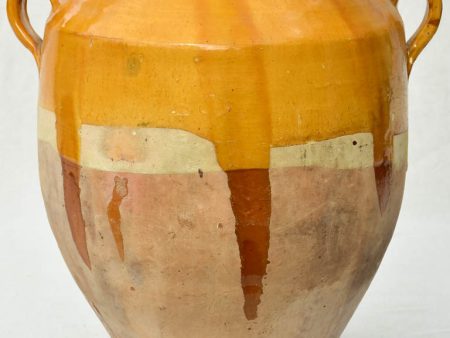 Very large antique French confit pot with yellow   orange glaze 14½  Supply