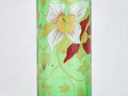 Early twentieth century hand painted green glass vase 10¼  on Sale